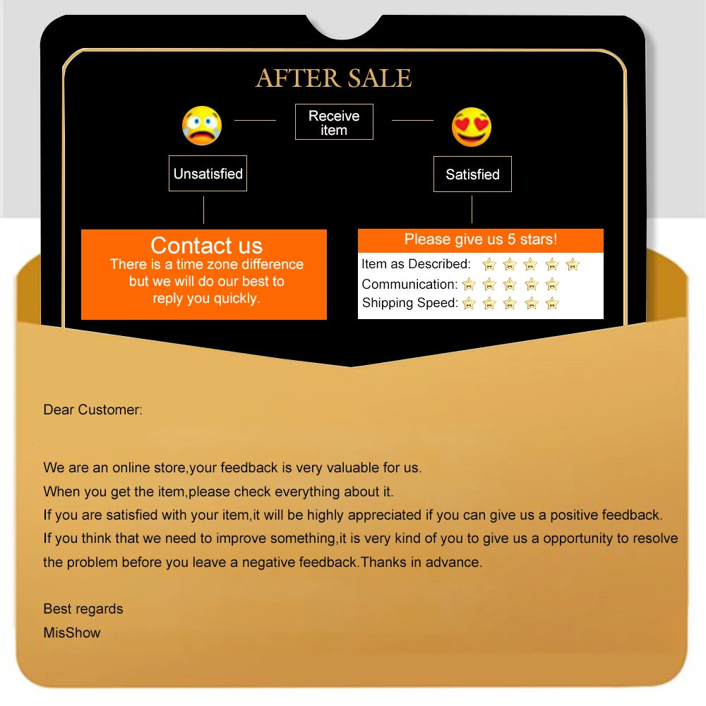 After-sale customer feedback request card from MisShow with satisfaction options and contact information.