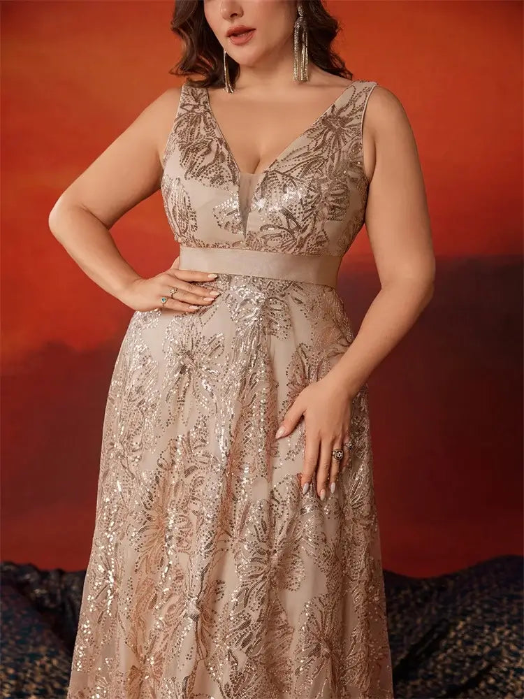 فستان سهرة كوكتيل بظهر على شكل حرف V مزين بالترتر للنساء بمقاسات كبيرة