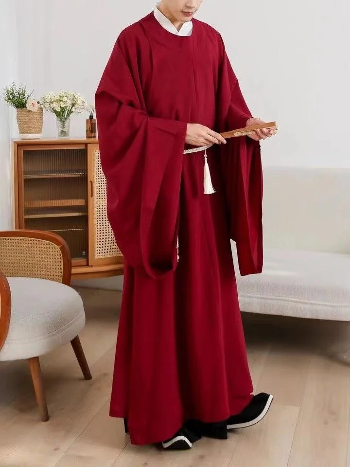 Unisex classic Tang Dynasty Hanfu robe in deep red, showcasing traditional style and elegant design for men and women.
