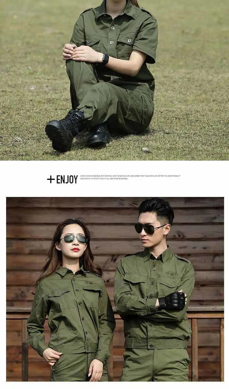 Summer Cotton Green Work Suit on display, showcasing welding protection set style for safety and functionality outdoors.