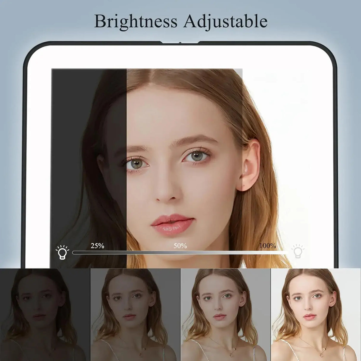 LED foldable makeup mirror showing adjustable brightness levels from 25% to 100% for optimal lighting while applying makeup.