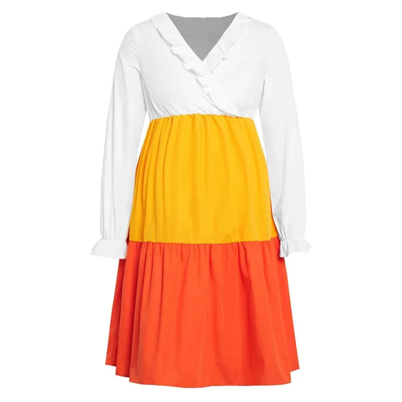 V-neck long sleeve maternity dress with a colorful yellow and orange pleated design, perfect for summer wear.