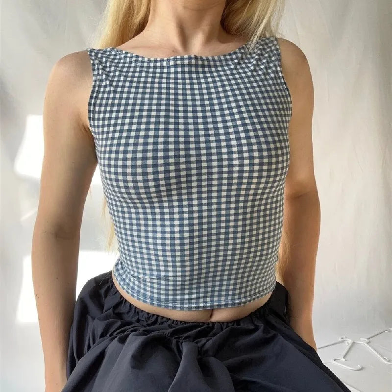 Women’s blue plaid crop top, backless design, perfect for Y2K streetwear style.