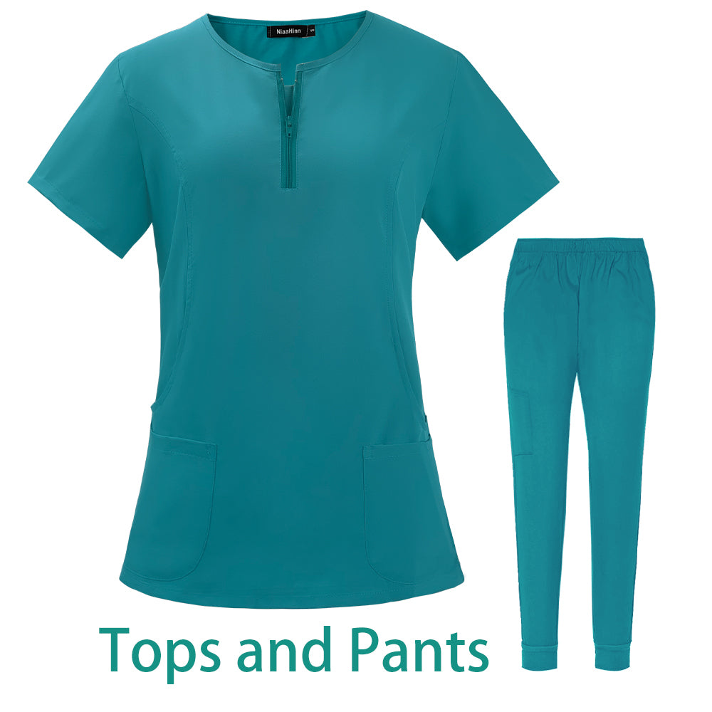7-color nursing work uniform featuring zipper V-neck top and matching pants, suitable for various professionals.