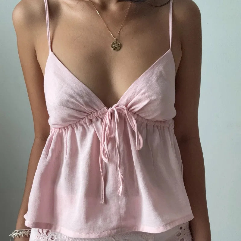 Off Shoulder V‑Neck Pink Crop Tank Top