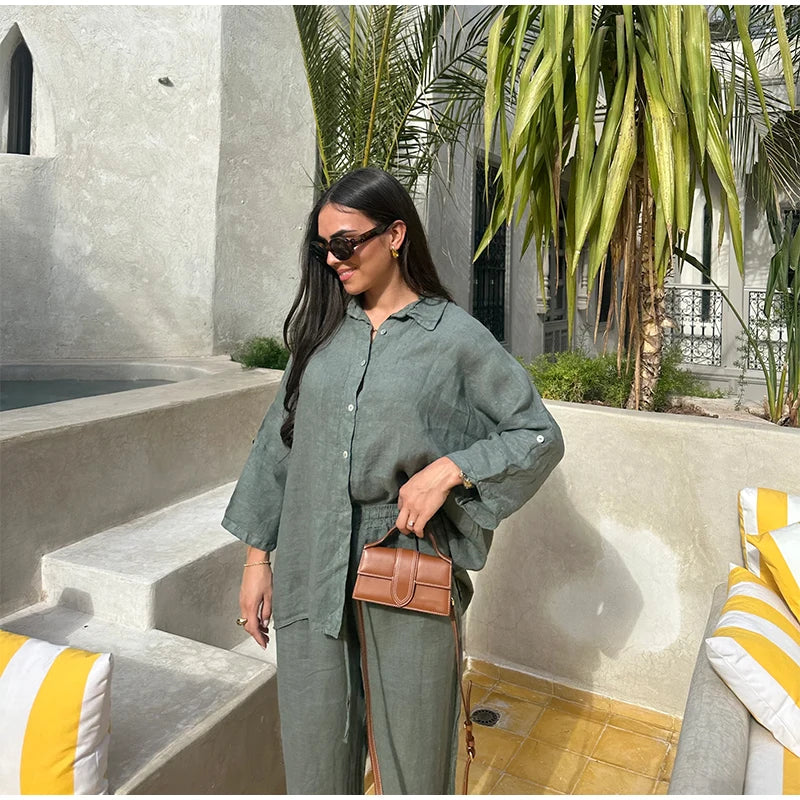 طقم بنطال نسائي من القطن بقصة واسعة