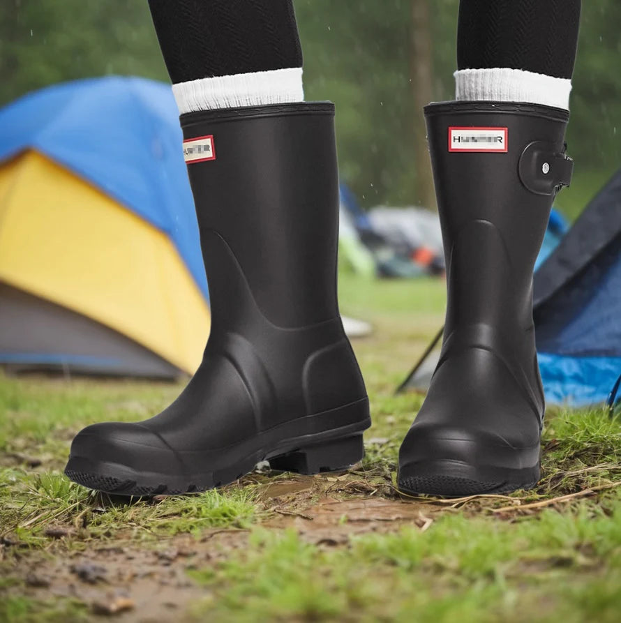 حذاء نسائي من الجلد المطرز حتى منتصف الساق