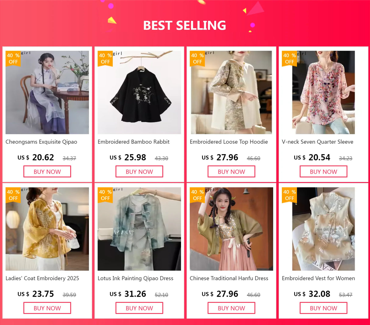 Best selling traditional clothing including Hanfu blouses, embroidered tops, and stylish outerwear for women.