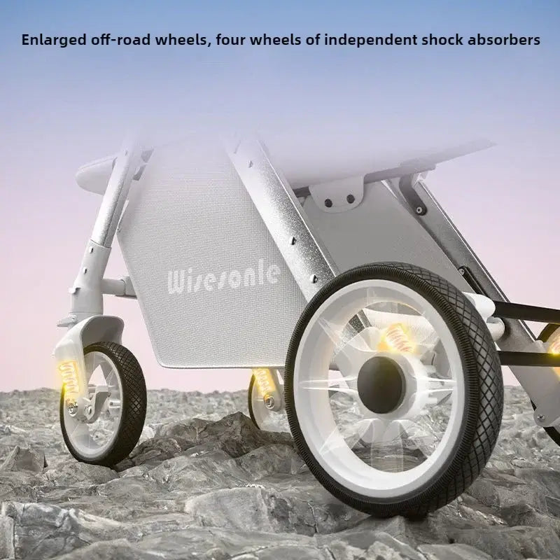 Lightweight baby stroller featuring enlarged off-road wheels and independent shock absorbers for smooth rides.