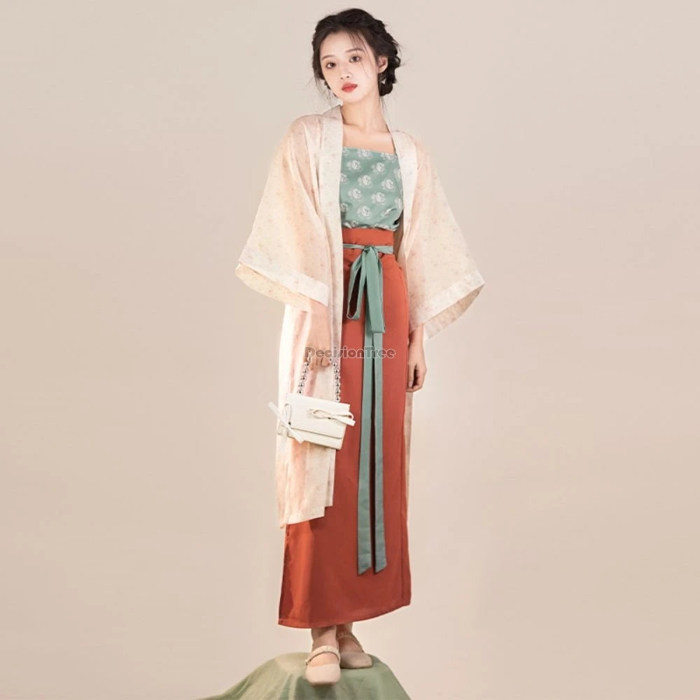 Song Dynasty Hanfu retro three piece outfit for women in polyester, featuring elegant kimono-style jacket and matching accessories.