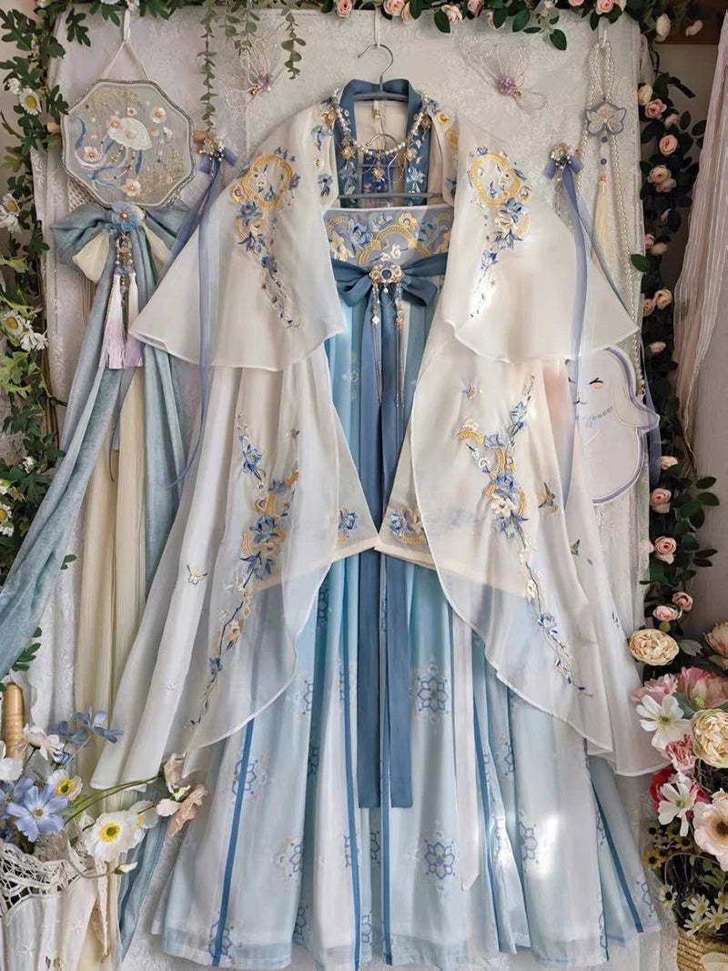 Women’s fairy Hanfu costume featuring intricate floral designs and soft pastel colors, perfect for summer events and cosplay.