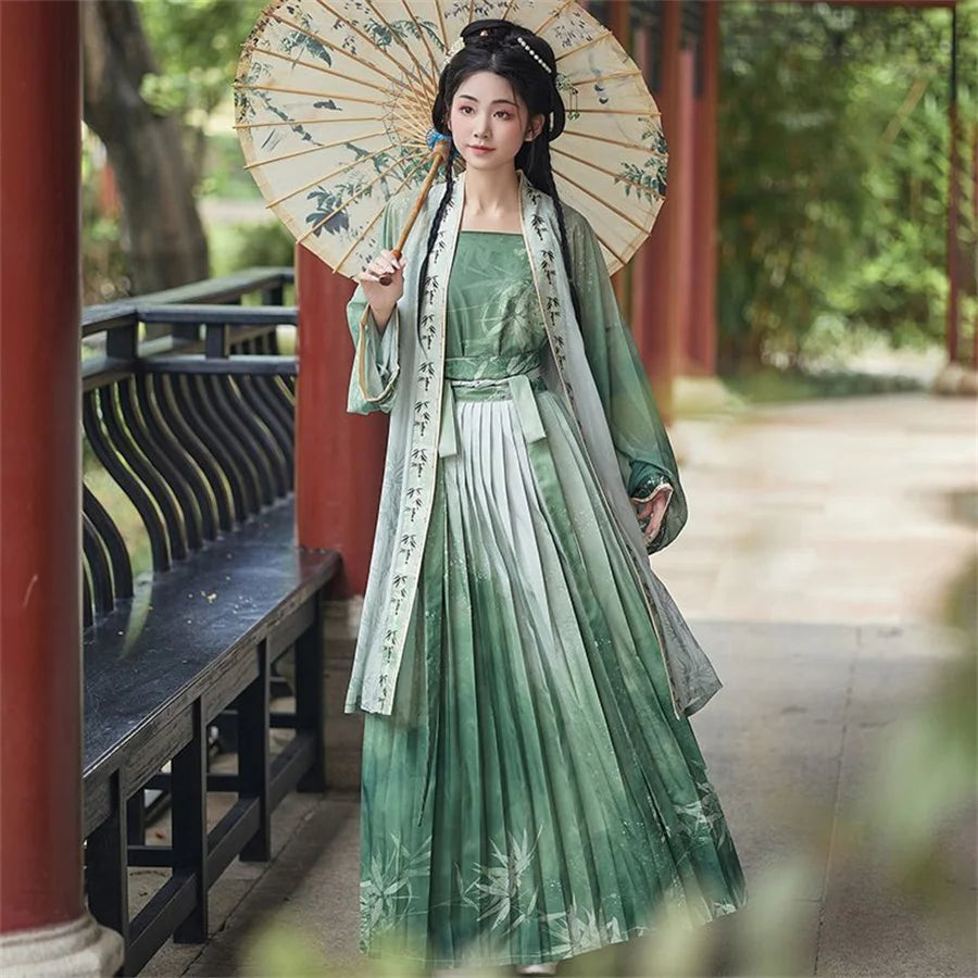 Women’s Hanfu cosplay in green dress with parasol, showcasing elegant Chinese traditional fashion.