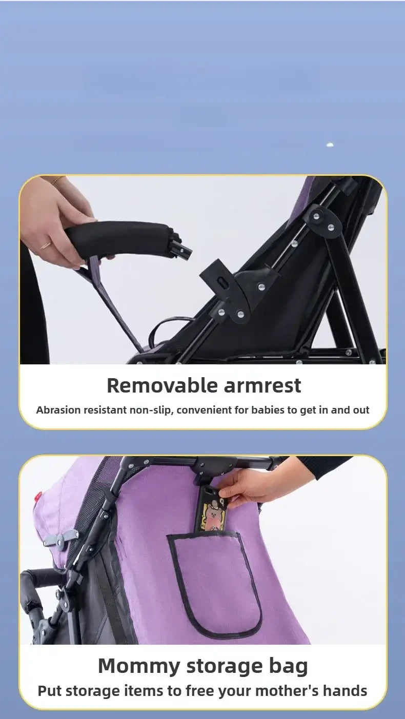 Close-up of a baby stroller showing removable armrest and mommy storage bag for convenience.