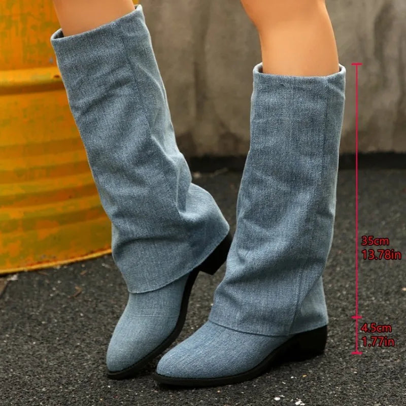Women’s Knee High Cowboy Denim Boots 2025