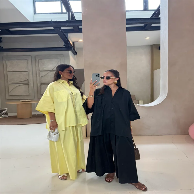 طقم بنطال نسائي من القطن بقصة واسعة