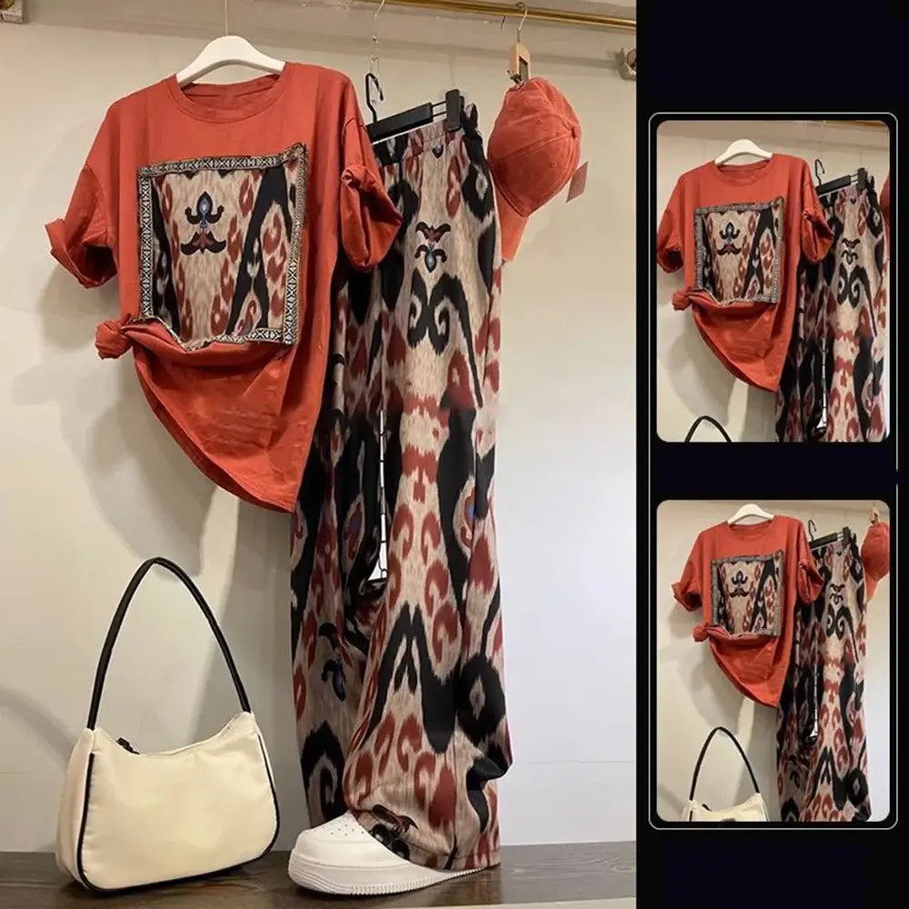Women Summer Patchwork T-Shirt Pants Set