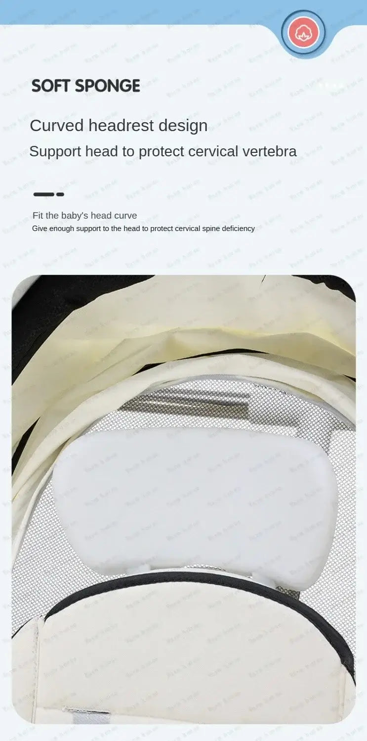Soft sponge headrest design with curved support for protecting cervical vertebra in baby strollers.