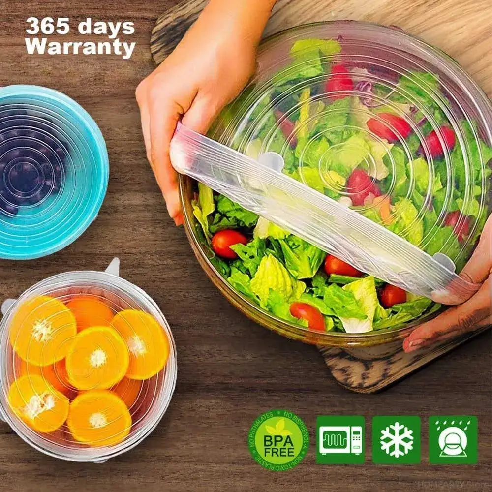 6 pcs silicone stretch lids for kitchen and microwave, BPA free, perfect for keeping food fresh with a 365-day warranty.