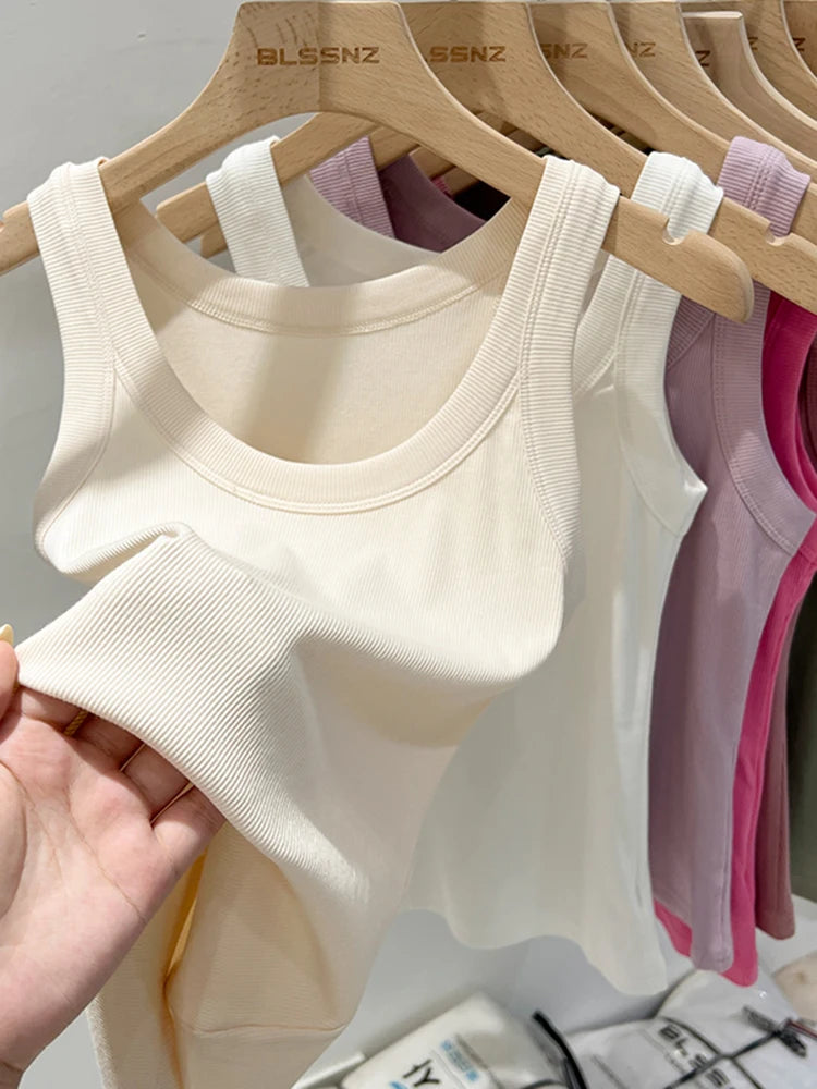 RibFlex™ Basic O-Neck Tank in beige, showcasing soft cotton fabric and ribbed texture, ideal for summer wear.