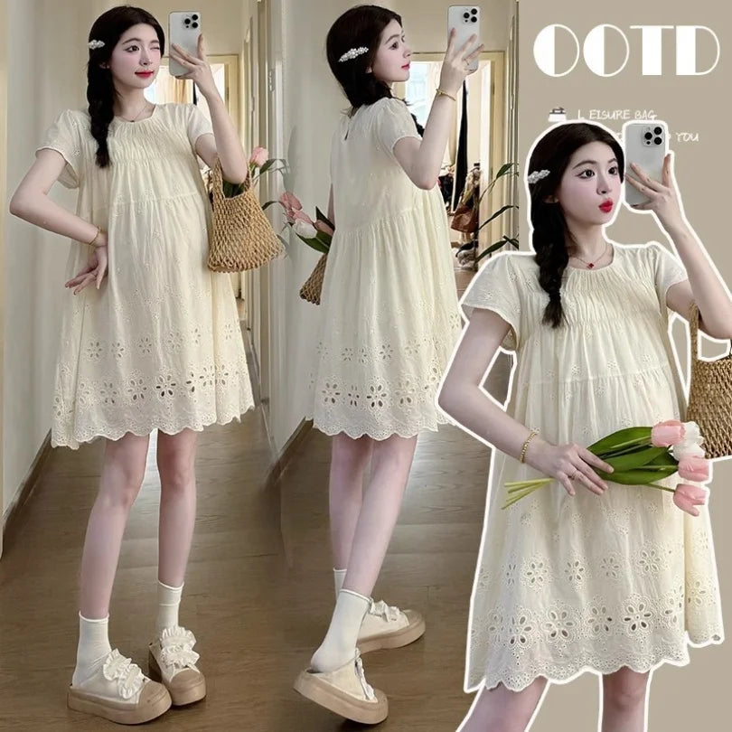 A-line cotton maternity dress in natural color, featuring hollowed out design, perfect for summer casual outings.