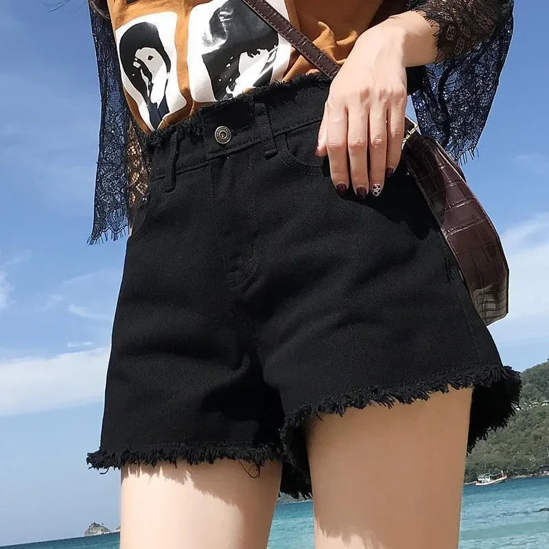 High Waist Black Tassel Denim Shorts for Women