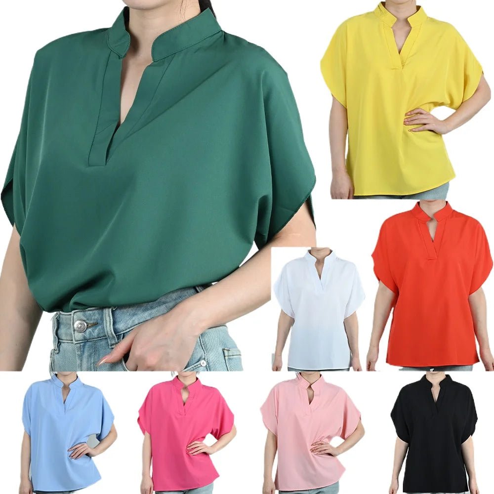 ViviCharm™ V-Neck Flare Sleeve Blouse available in various colors for elegant midlife women fashion.