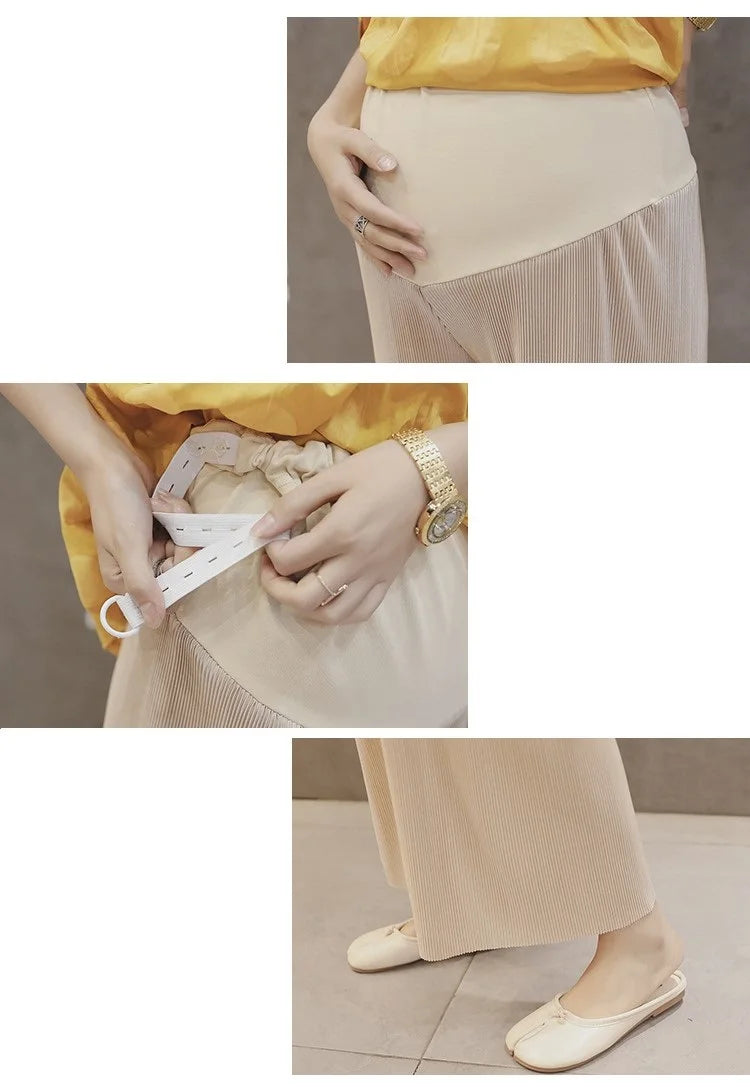 Adjustable waistband of breathable maternity pants in natural color, showcasing comfort for summer wear.