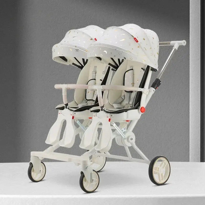 Twin stroller for two children with foldable design, recycled fabric, and high-carbon steel frame.