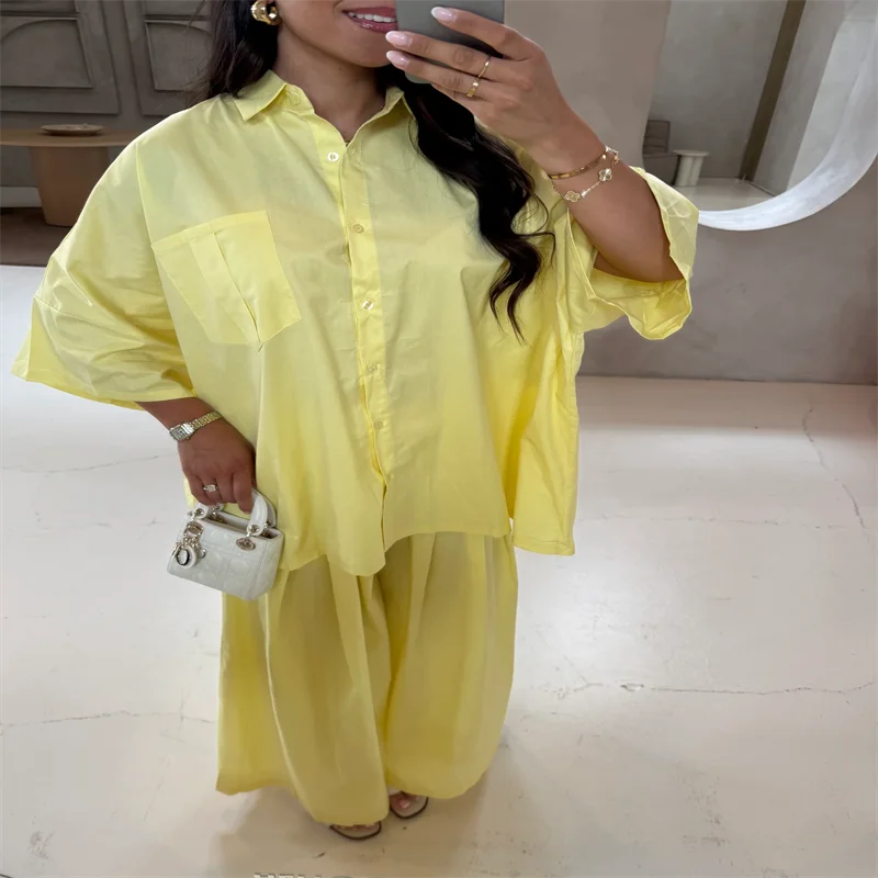 طقم بنطال نسائي من القطن بقصة واسعة