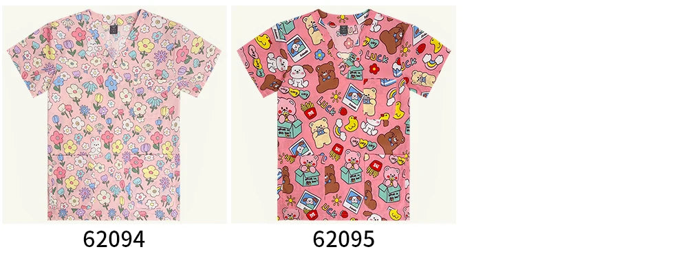 Two vibrant women's hospital nurse scrubs featuring cute animal and cartoon prints in pink and multicolor designs.