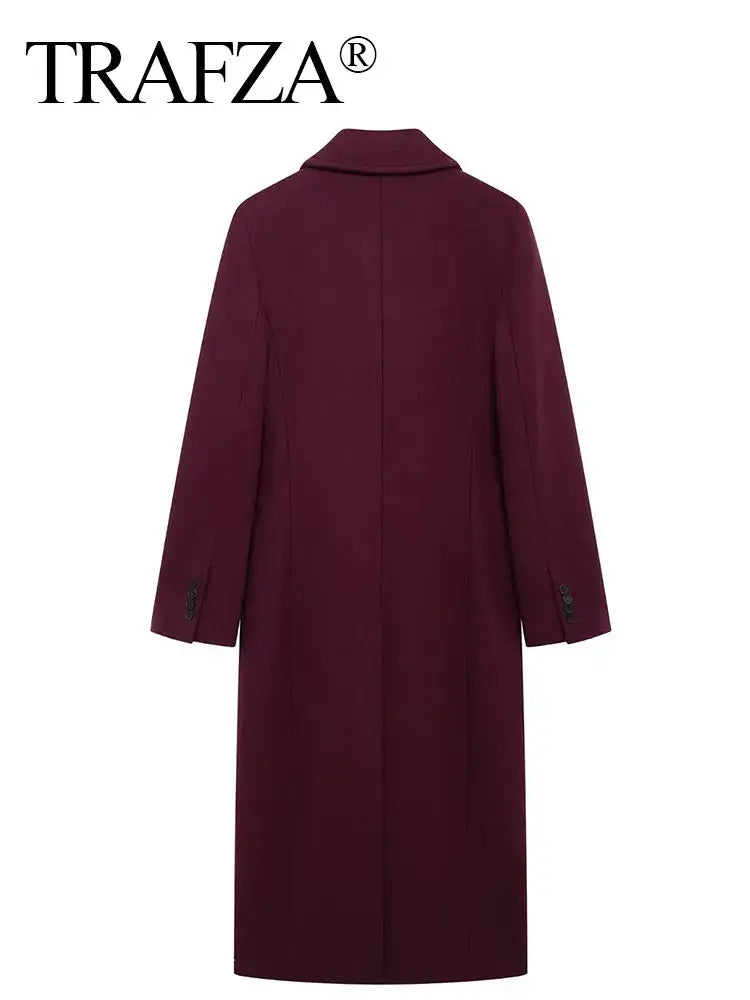 معطف نسائي من الصوف باللون العنابي مزدوج الصدر