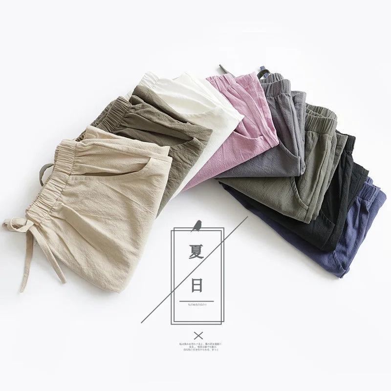 Women Cotton Linen High Waist Shorts
