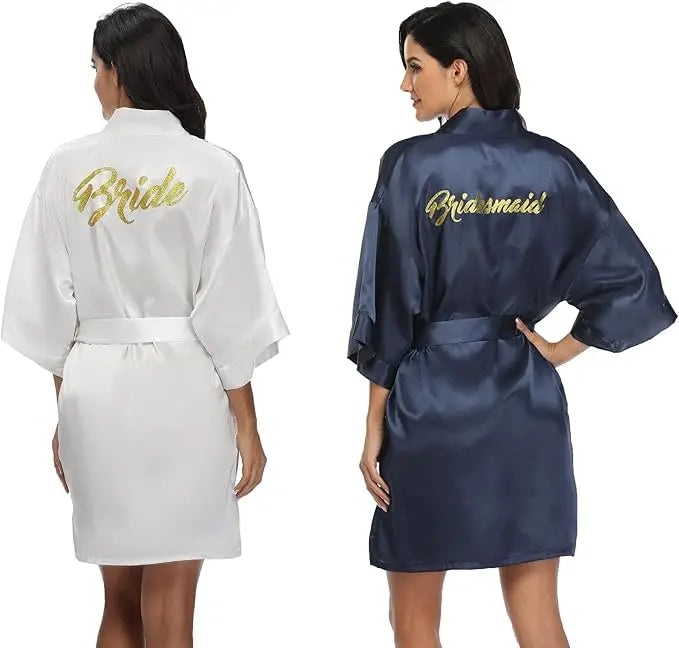 6-piece satin bridal robe set featuring a white 'Bride' robe and a navy 'Bridesmaid' robe, perfect for wedding celebrations.