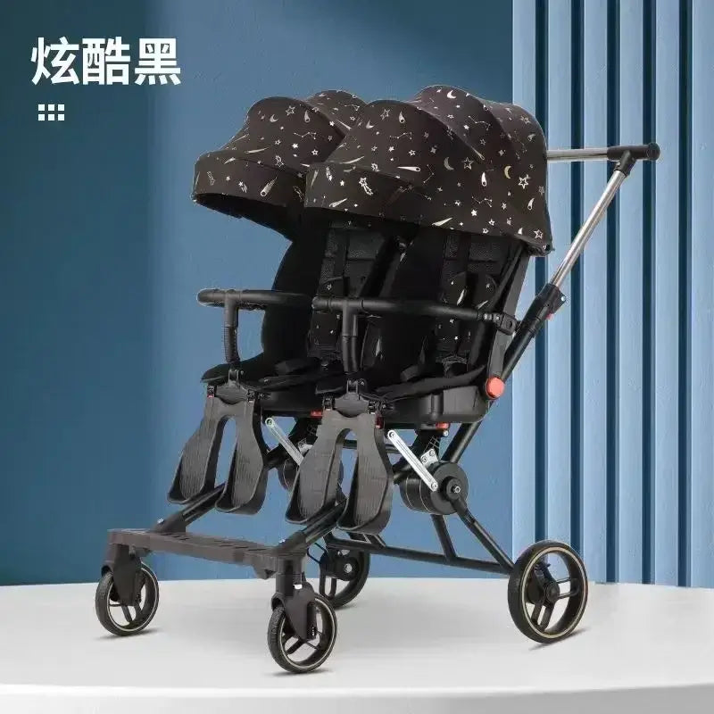 Twin stroller for two children with foldable design, featuring recycled fiber fabric and high-carbon steel frame.