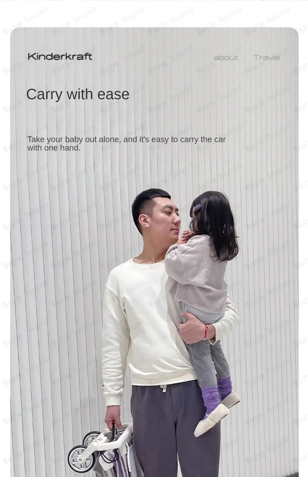 A parent carrying a lightweight stroller while holding a child, showcasing ease of transport.