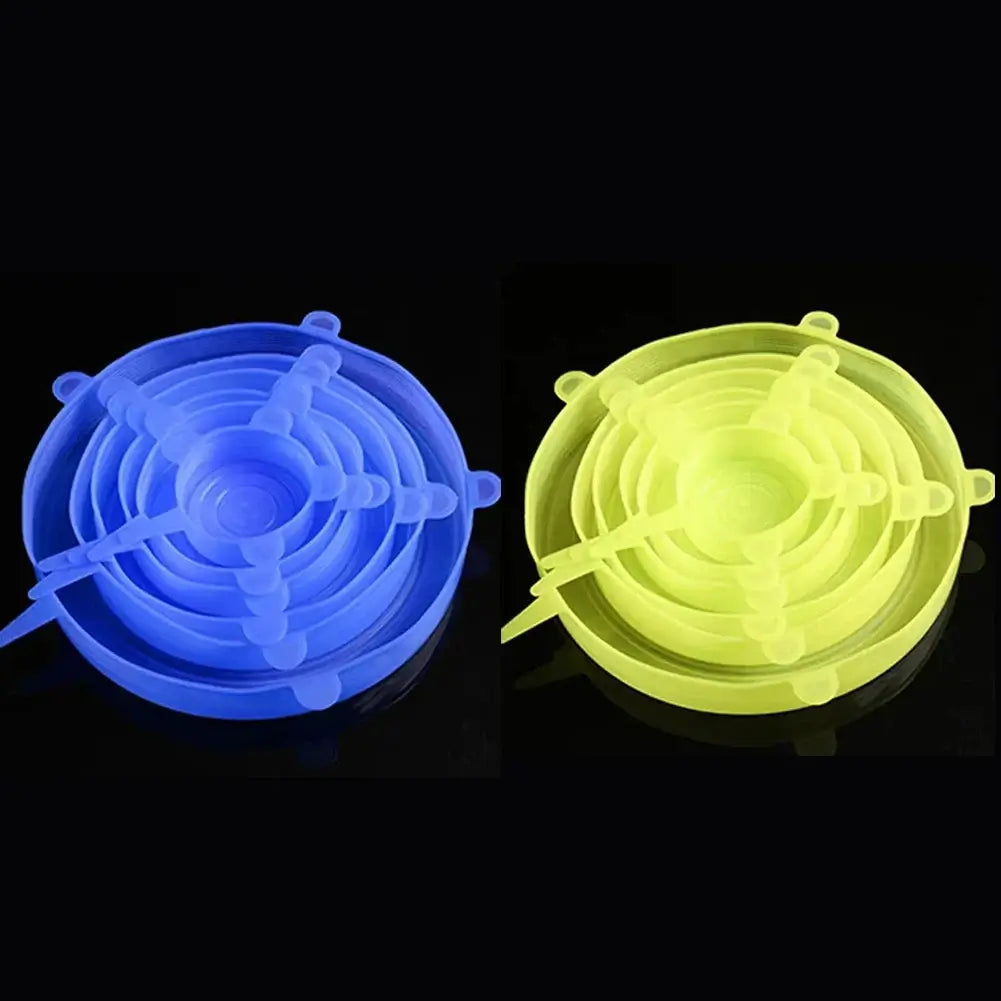 6 Pcs Silicone Stretch Lids in blue and yellow for kitchen and microwave use, non-toxic and reusable.
