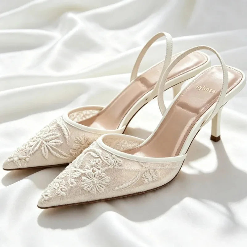 Women’s Brown Embroidered Mesh High Heel Sandals