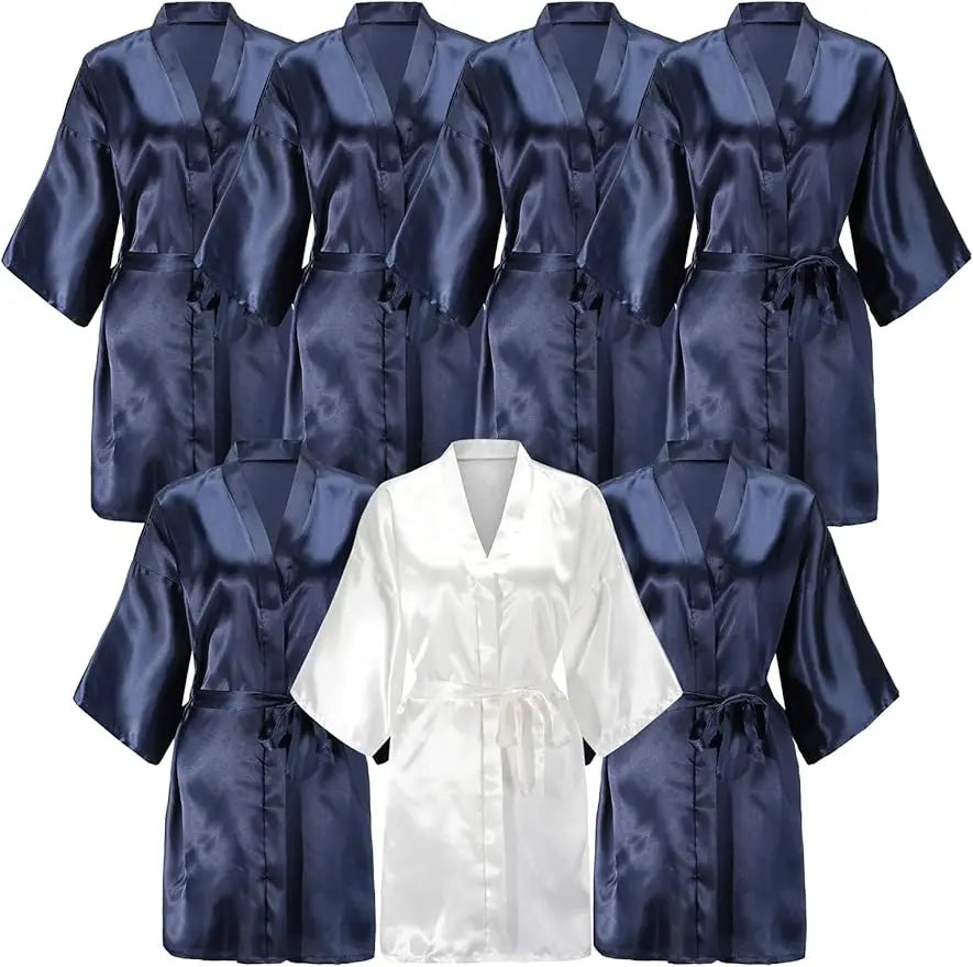 7-piece satin bride robe set in navy and white for bridal party, stylish knee-length kimonos for summer.