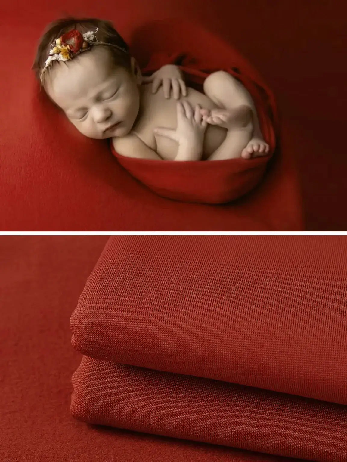 Newborn soft wrap blanket in red, perfect for photography and comfortable for babies, available in 55 colors.