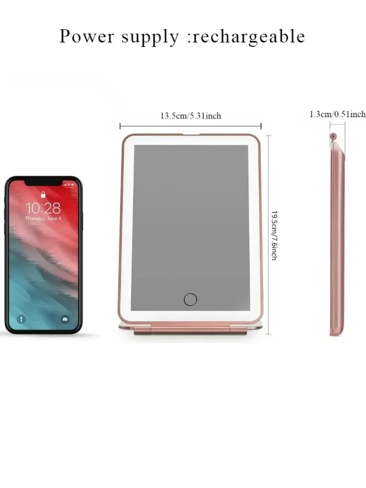 LED foldable travel makeup mirror with USB rechargeable feature, showcasing dimensions next to a smartphone.