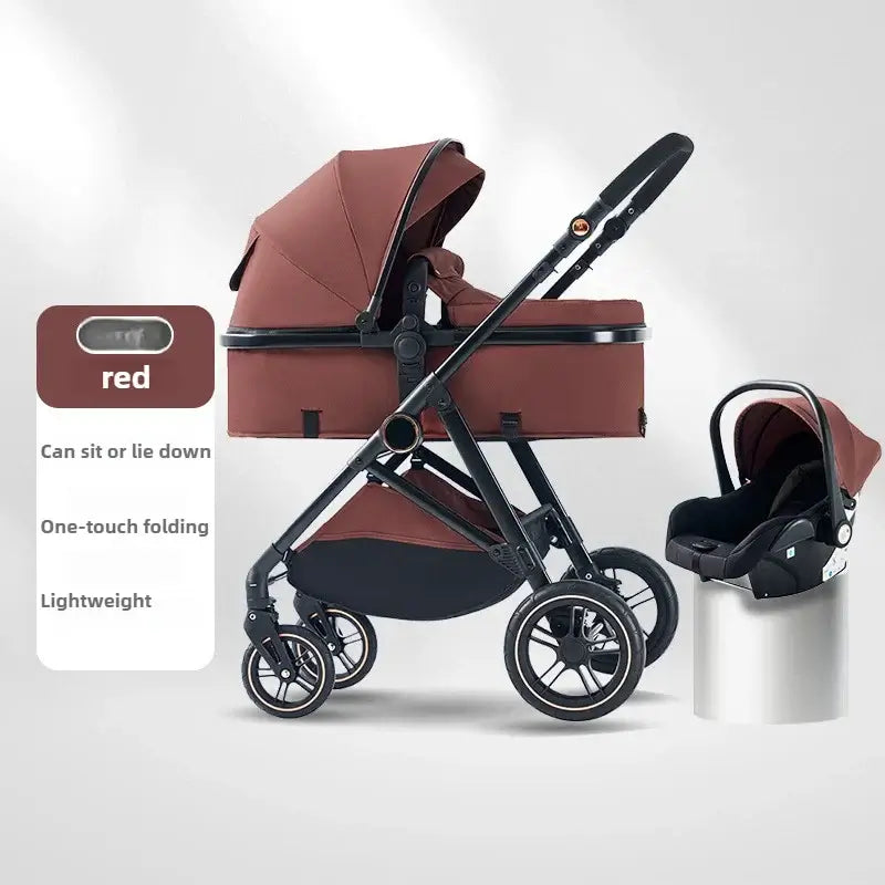 Lightweight red baby stroller with one-touch folding, suitable for infants and toddlers.