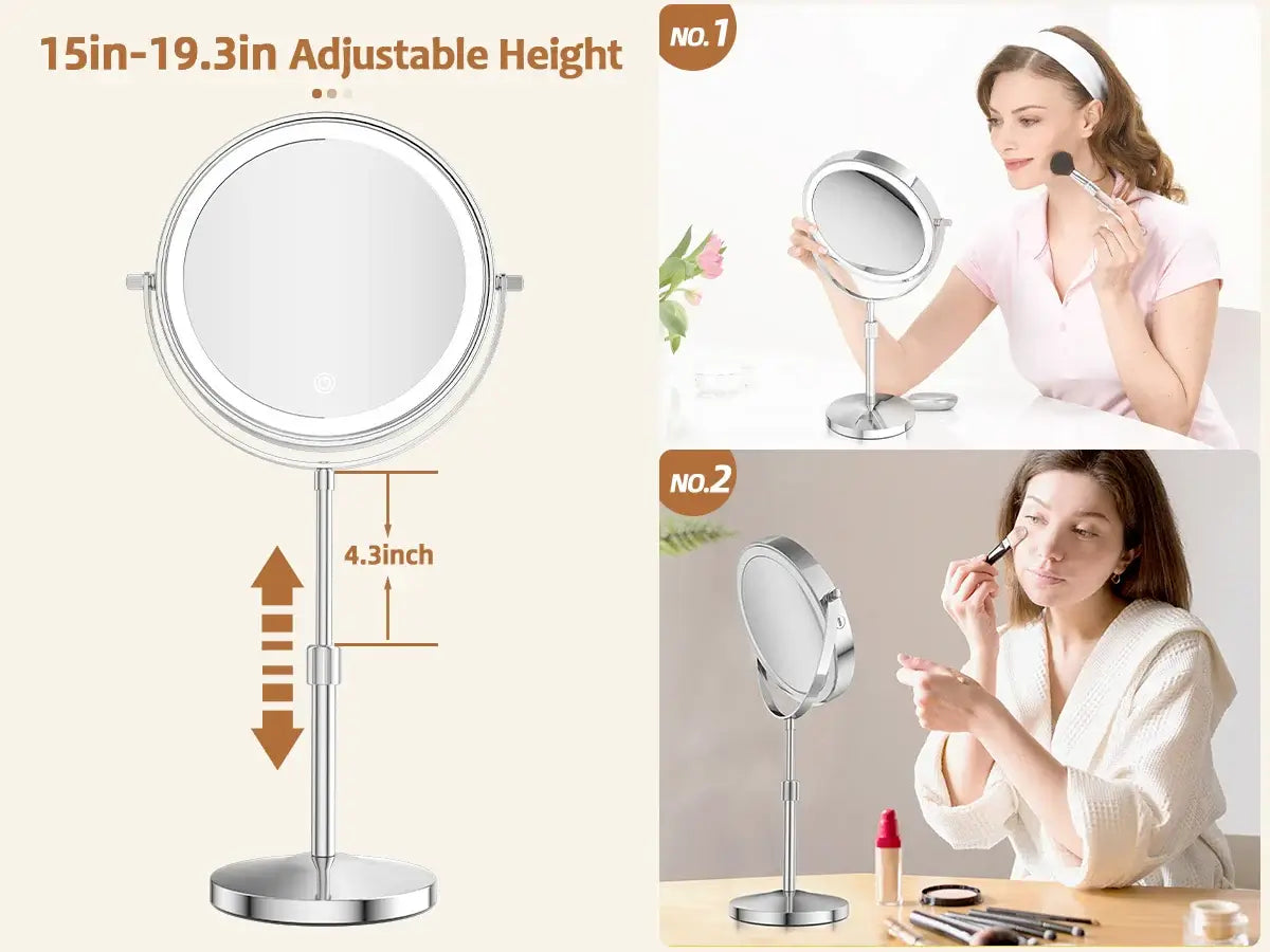 8 Inch Makeup Mirror with Light and 10X Magnification, adjustable height between 15in to 19.3in, ideal for flawless makeup application.