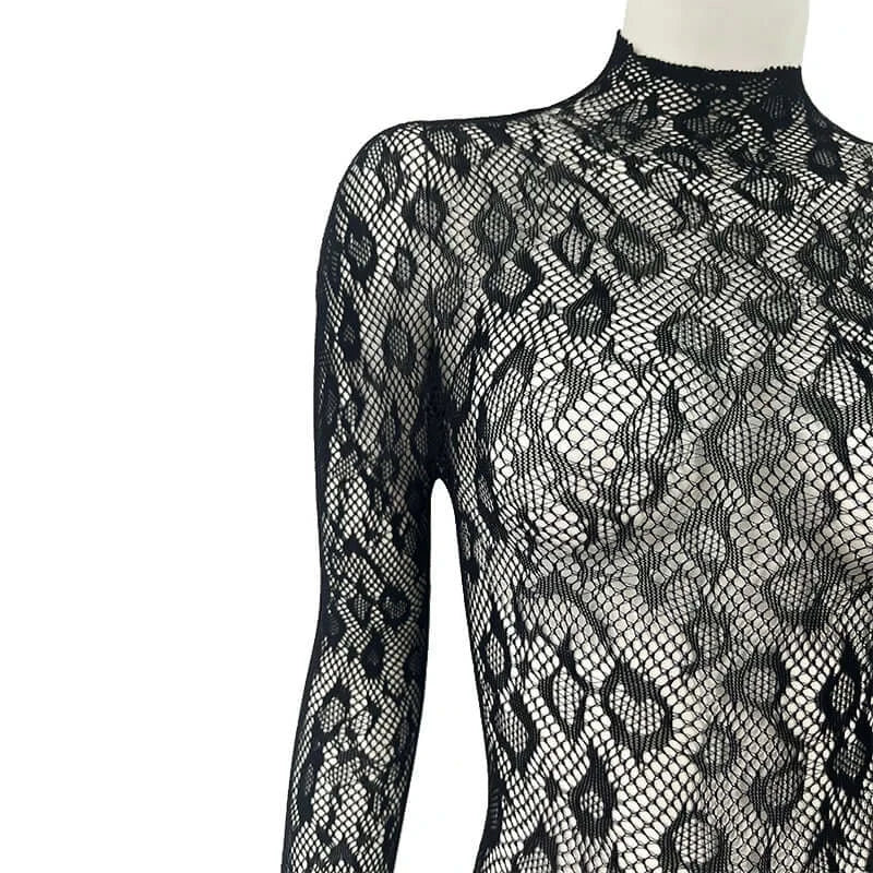 Women Lace Fishnet Long Sleeve Jumpsuit