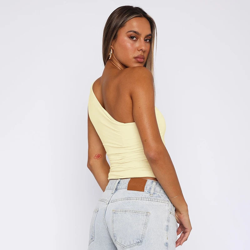 One-Shoulder Beaded Ruched Tank Top