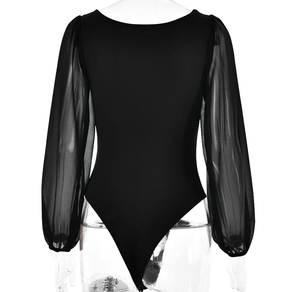 Women's Mesh Long Sleeve Bodysuit – Sexy Black White Bodycon Top
