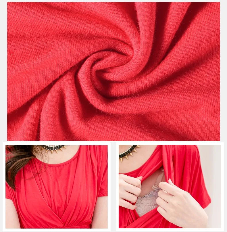 Close-up of soft red jersey fabric with nursing feature, highlighting breastfeeding access on maternity dress by Emotion Moms.