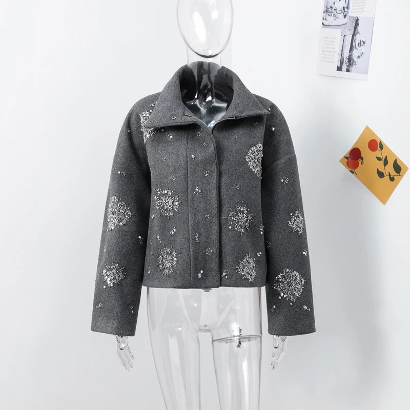 Casual Embroidered Wool Blend Bat Sleeve Coat