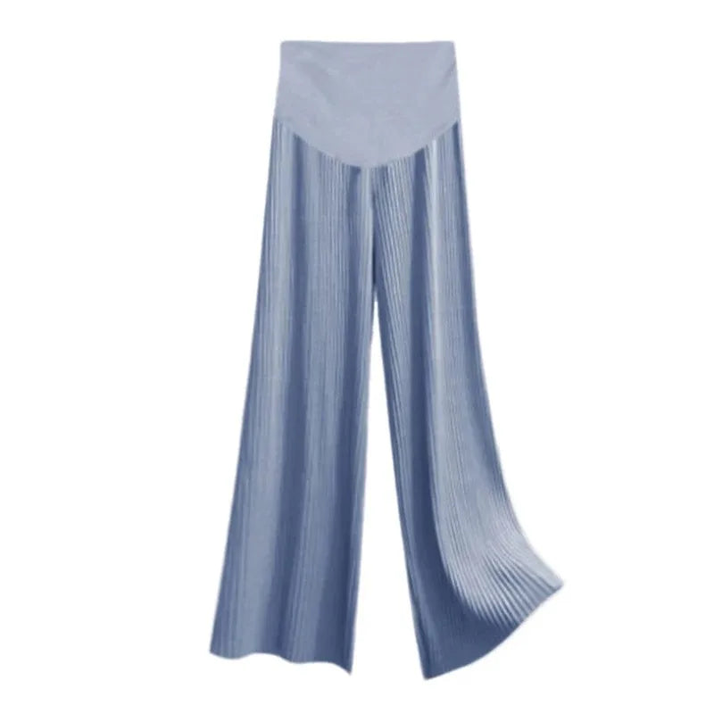 Ice Silk Pleated Maternity Pants in blue, lightweight summer style for comfort and breathability.