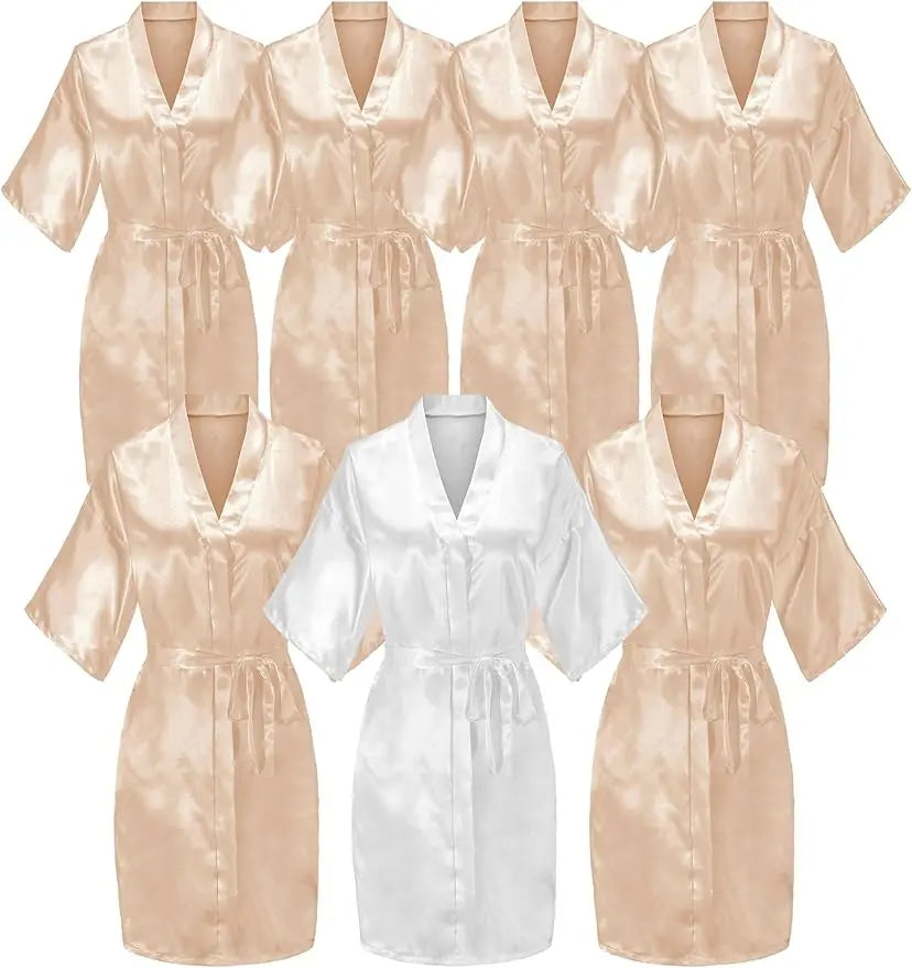7-piece satin bridal robe set featuring beige and white kimonos, perfect for bridal parties and summer wear.