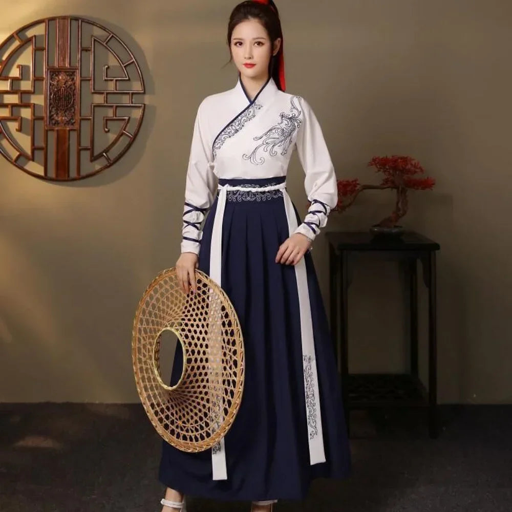 Elegant streetwear casual Chinese Hanfu dress featuring a stylish dragon design and a flowy navy skirt.
